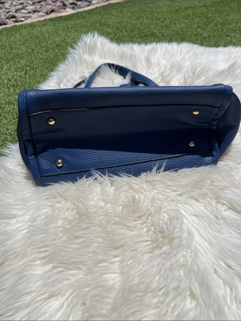 Pebbled Navy Leather Tote with Gold Hardware - Picture 8 of 12
